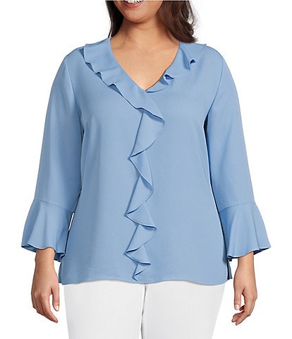 Investments Plus Size Riley Woven Cascading Ruffle V-Neck 3/4 Sleeve Top