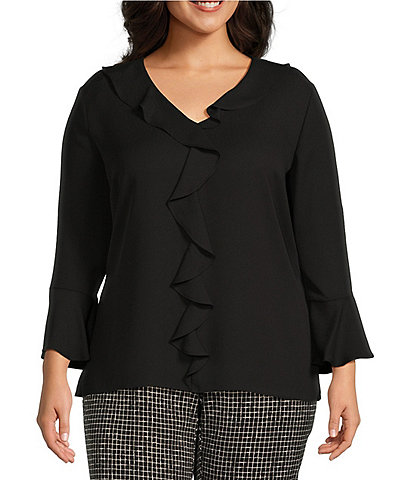 Investments Plus Size Riley Woven Cascading Ruffle V-Neck 3/4 Sleeve Top