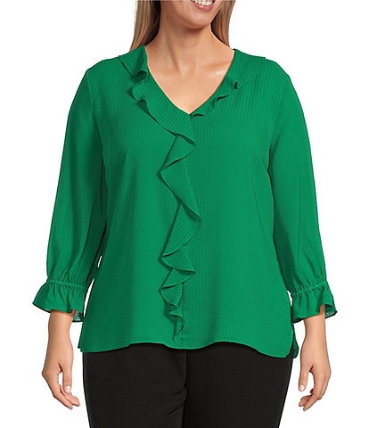 Investments Plus Size Riley Woven Cascading Ruffle V-Neck 3/4 Sleeve Top
