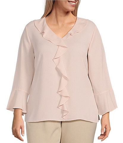 Investments Plus Size Riley Woven Cascading Ruffled V-Neck 3/4 Sleeve Top
