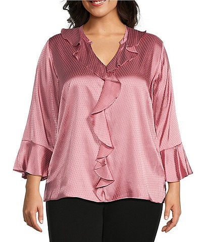 Investments Plus Size Riley Woven Dotted Cascading Ruffle Y-Neck Long Sleeve Top