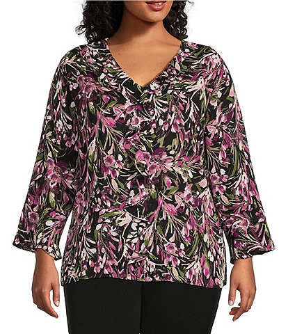 Investments Plus Size Riley Woven Floral Sprigs Cascading Ruffled V-Neck 3/4 Sleeve Top