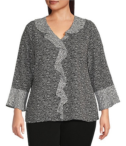Investments Plus Size Riley Woven Shadow Check Cascading Ruffled V-Neck 3/4 Sleeve Top