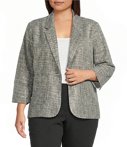 Investments Plus Size Scratch Pattern 3/4 Ruched Sleeve Notch Lapel Lined Button Front Blazer