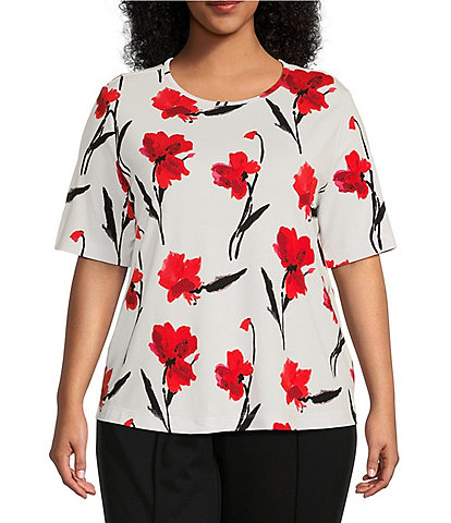 Investments Plus Size Short Sleeve Crew Neck Floral Knit Top