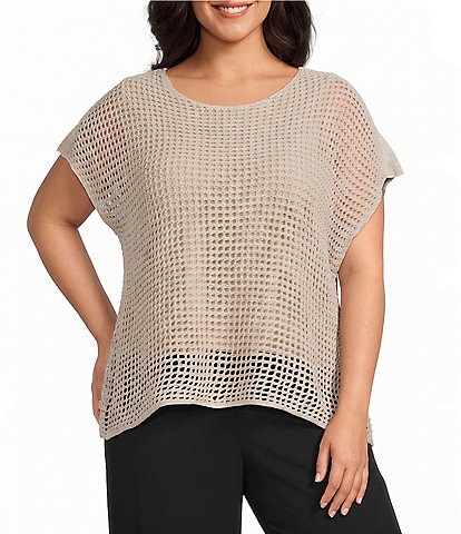 Investments Plus Size Short Sleeve Crew Neck Open Stitch Top
