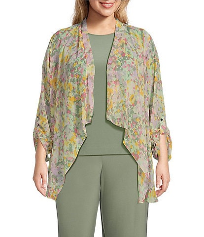 Investments Plus Size Soft Separates Blurred Garden Print Open Front Roll-Tab Sleeve Jacket