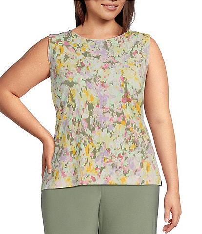 Investments Plus Size Soft Separates Blurred Garden Print Reversible Crew to Scoop Neck Sleeveless Tank Top