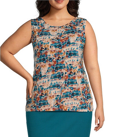 Investments Plus Size Soft Separates Diffused Watercolor Print Reversible Crew to Scoop Neck Sleeveless Tank Top