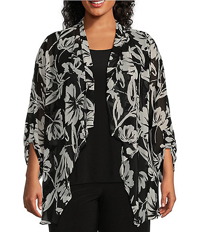 Investments Plus Size Soft Separates Floral Gestures Print Open Front Roll-Tab Sleeve Jacket