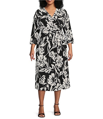 Investments Plus Size Soft Separates Floral Gestures Print Surplice V-Neck 3/4 Sleeve Faux Wrap Midi Dress
