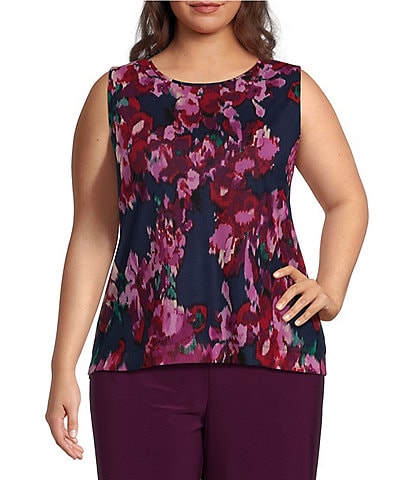 Investments Plus Size Soft Separates Floral Mesh Crew Neck Tank Top