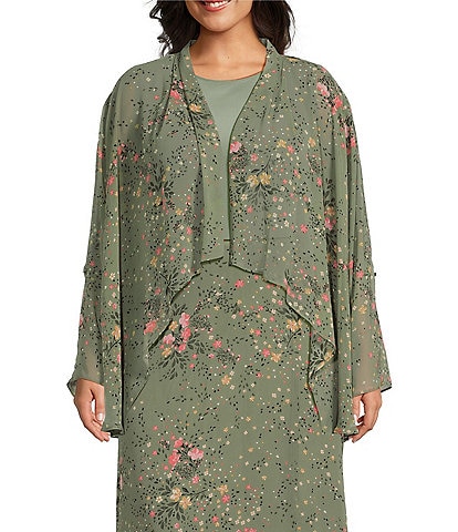 Investments Plus Size Soft Separates Floral Muse Open Front Roll-Tab Sleeve Coordinating Cardigan