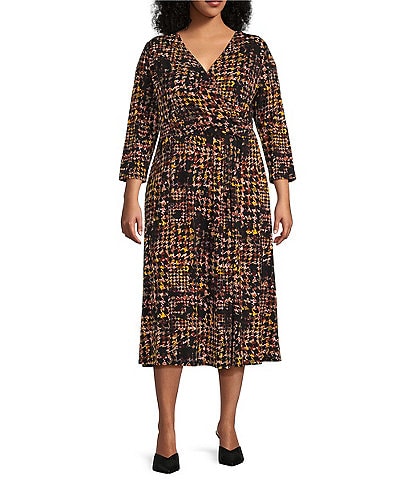 Investments Plus Size Soft Separates Multi Houndstooth Surplice V-Neck 3/4 Sleeve Faux Wrap Midi Dress