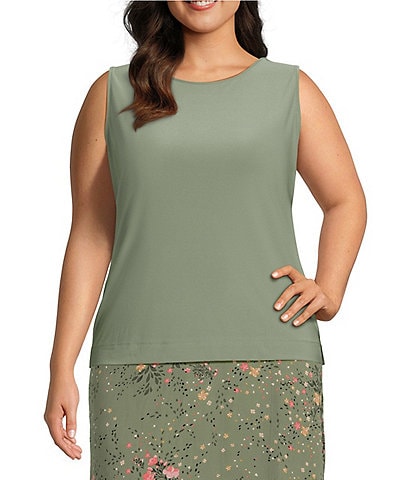 Calvin Klein Plus Size Dotted Striped Print Matte Jersey Pleated Crew Neck  Sleeveless Top