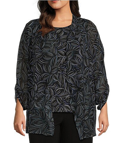 Investments Plus Size Soft Separates Stippled Leaves Open Front Long Roll-Tab Sleeve Jacket