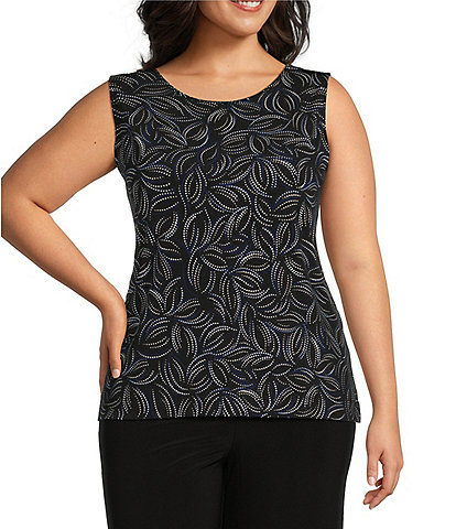Investments Plus Size Soft Separates Stippled Leaves Reversible Crew Neck Sleeveless Top