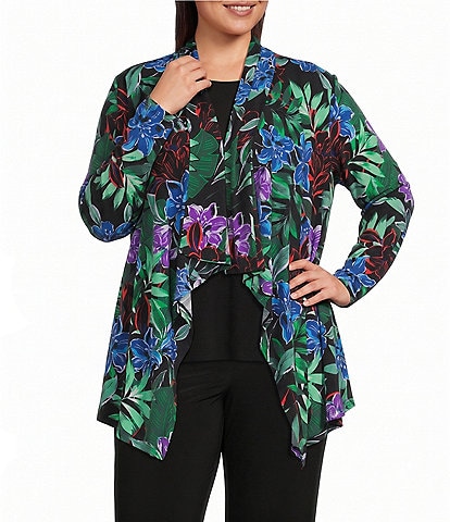 Investments Plus Size Soft Separates Tropic Garden Print Long Sleeve Open Front Jacket
