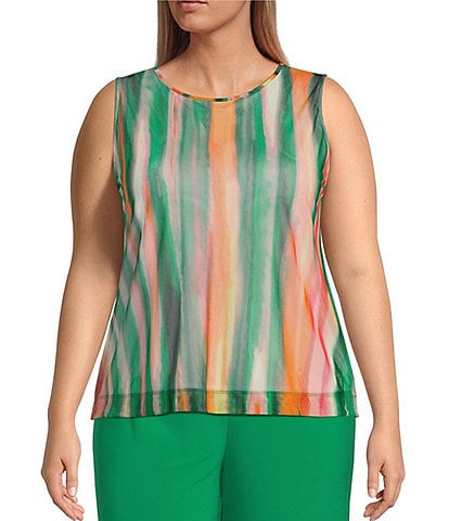 Investments Plus Size Soft Separates Watercolor Wash Mesh Crew Neck Tank Top