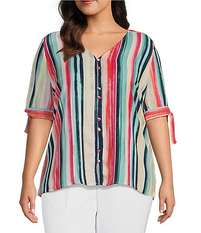 Investments Plus Size Sorbet Stripe Print Woven V-Neck 3/4 Tie Sleeve Top