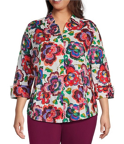 Investments Plus Size Taylor Gold Label Non-Iron Brushed Floral 3/4 Sleeve Button Front Shirt