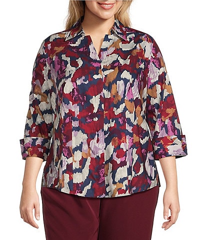 Investments Plus Size Taylor Gold Label Non-Iron Multi Blur 3/4 Sleeve Button Front Shirt