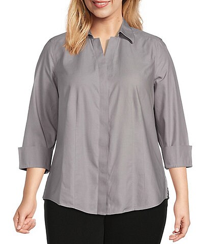 Investments Plus Size Taylor Gold Label Non-Iron Point Collar 3/4 Sleeve Button Front Shirt