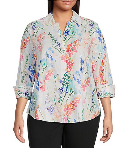 Investments Plus Size Taylor Gold Label Non-Iron Vine Floral 3/4 Sleeve Button Front Shirt