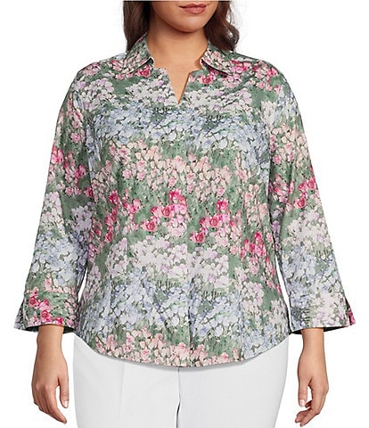 Investments Plus Size Taylor Gold Label Non-Iron Wild Floral 3/4 Sleeve Point Collar Y-Neck Button Front Shirt