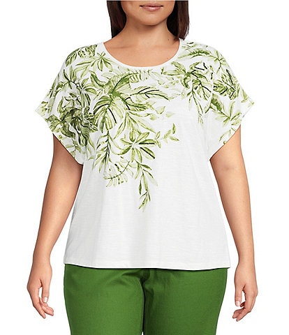 Investments Plus Size Wispy Leaf Short Sleeve Embellished Novelty Crew Neck Top