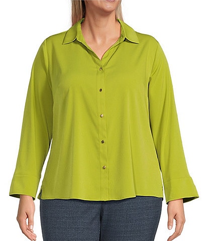 Investments Plus Size Woven 3/4 Sleeve Point Collar Button Front Split Cuff Top