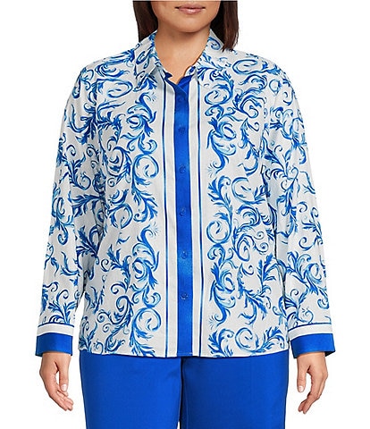 Investments Plus Size Woven Blue Lolite Status Border Long Sleeve Point Collar Button Front Top