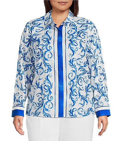 Investments Plus Size Woven Blue Lolite Status Border Long Sleeve Point Collar Button Front Top