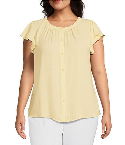 Investments Plus Size Woven Button Front Flutter Cap Sleeve Top