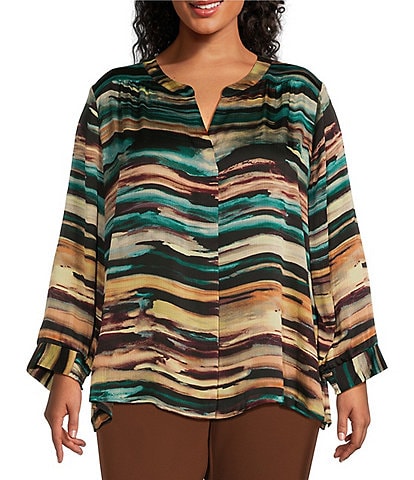 Investments Plus Size Woven Inverted Pleat Split V-Neck 3/4 Sleeve Top