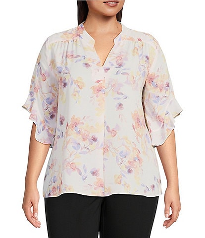 Investments Plus Size Woven Laikyn Signature Watercolor Bouquet Print V-Neck 3/4 Ruffled Sleeve Top