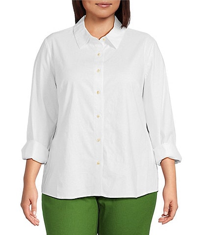 Investments Plus Size Woven Long Sleeve Point Collar Button Front Top