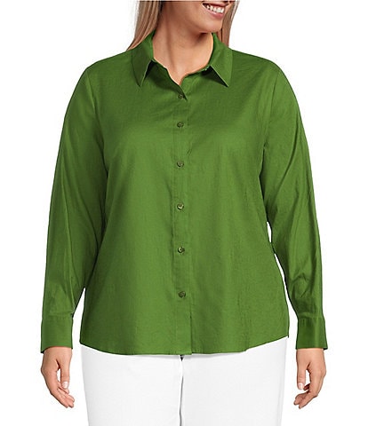 Investments Plus Size Woven Long Sleeve Point Collar Button Front Top