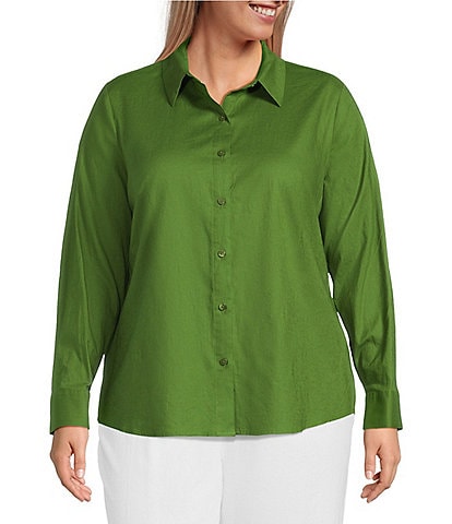 Investments Plus Size Woven Long Sleeve Point Collar Button Front Top