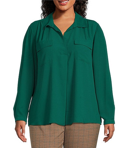 Investments Plus Size Woven Long Sleeve Point Collar One Button Closure Blouse