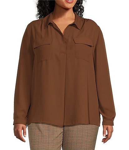 Investments Plus Size Woven Long Sleeve Point Collar One Button Closure Blouse