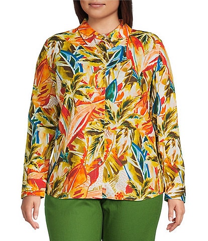 Investments Plus Size Woven Palm Beach Multi Long Sleeve Point Collar Button Front Top