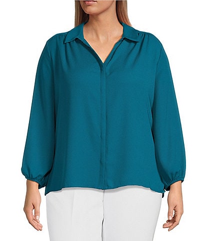 Investments Plus Size Woven Point Collar 3/4 Sleeve Button Front Top