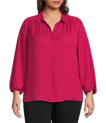 Investments Plus Size Woven Point Collar 3/4 Sleeve Button Front Top