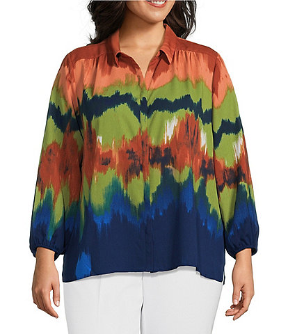 Investments Plus Size Woven Printed Point Collar Long Sleeve Button Front Top