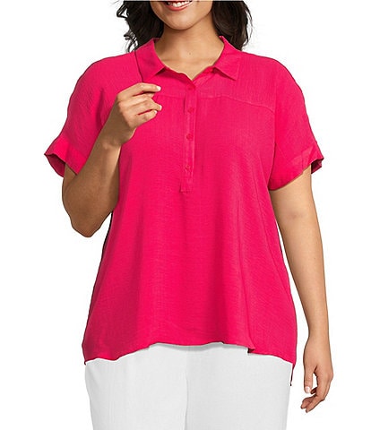 Investments Plus Size Woven Short Sleeve Point Collar Partial Button Front Top