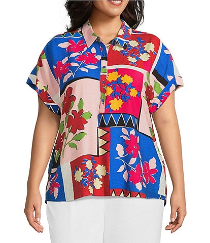 Investments Plus Size Woven Stamp Patch Short Sleeve Point Collar Partial Button Front Top