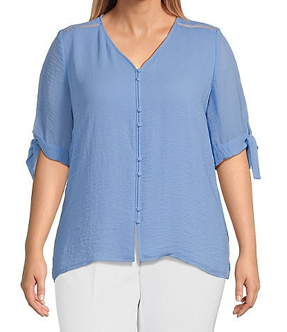 Investments Plus Size Woven V-Neck Tie 3/4 Sleeve Faux Button Top
