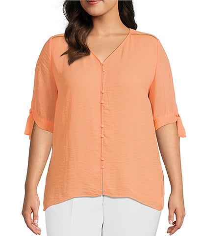 Investments Plus Size Woven V-Neck Tie 3/4 Sleeve Faux Button Top
