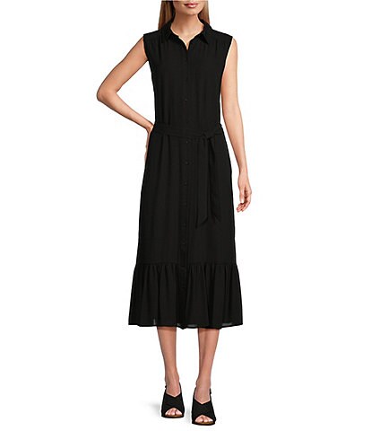 Investments Point Collar Sleeveless Button Front Midi Dress